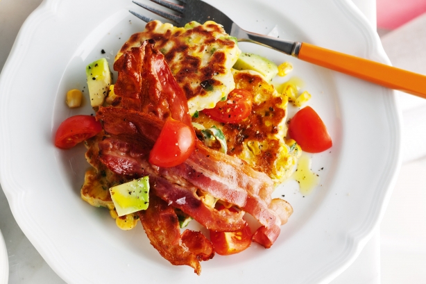Corn fritters with avocado salsa and bacon