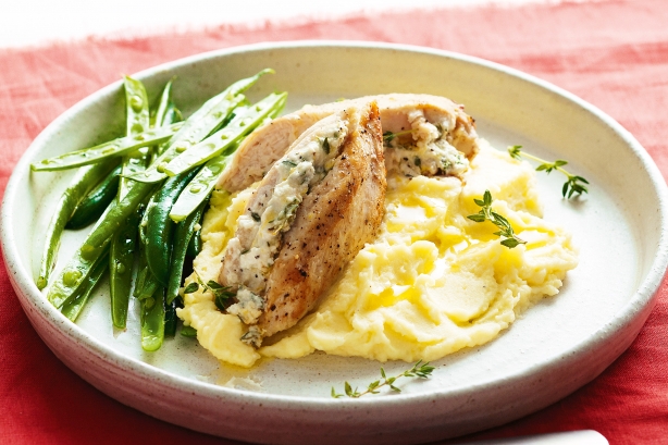Feta and lemon stuffed chicken breasts with mash