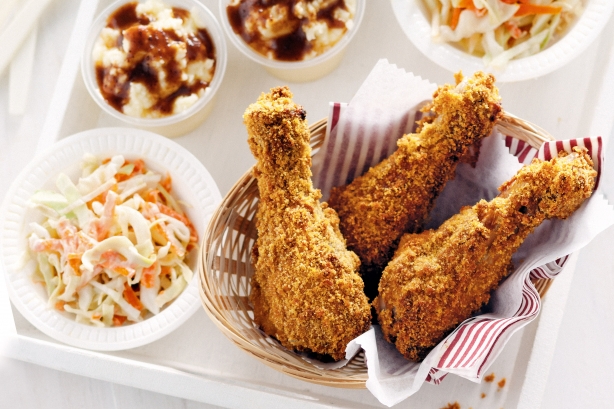 Southern baked chicken with coleslaw, mashed potato and gravy