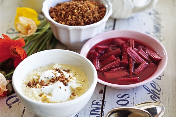 Bircher muesli with rhubarb and sweet dukkah