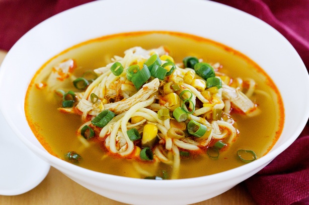 Asian chicken, corn and noodle soup