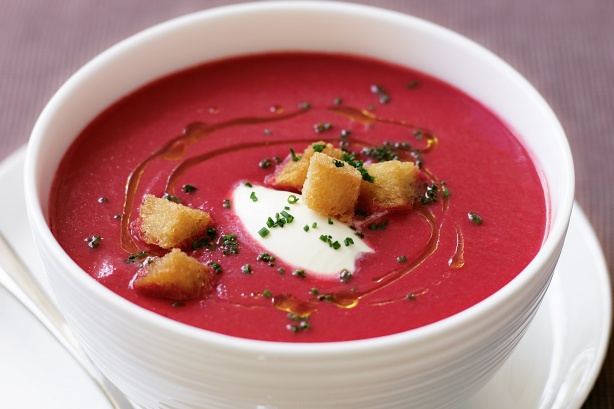 Beetroot soup with creme fraiche and chives