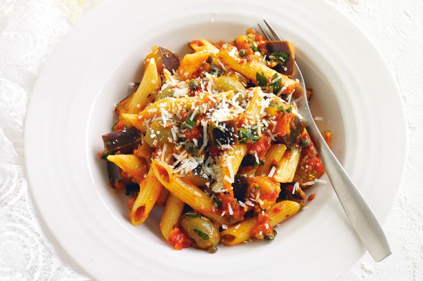 Penne with eggplant caponata