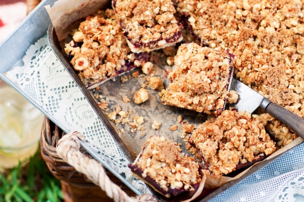 Apple and blackberry bars with hazelnut crumble
