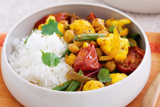Cauliflower, chickpea, tomato and coriander curry