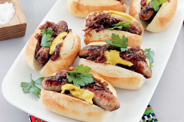 Barbecued sausage rolls with caramelised onions