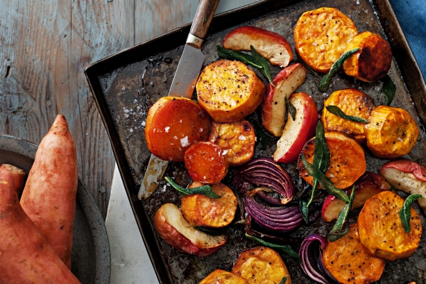 Sticky rum-roasted apple & sweet potato